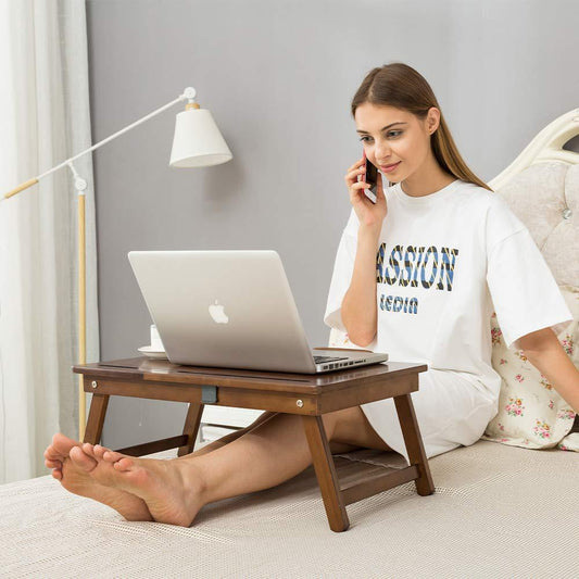 Foldable Wooden Laptop Desk Tray – With Drawer, Slots & Multi-Use Design