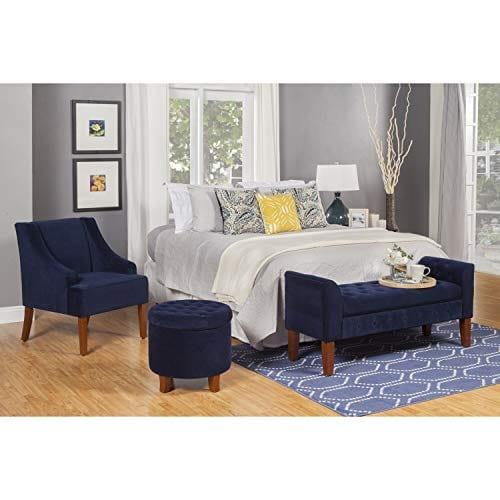 Navy Velvet Storage Bench/Settee Blue Solid Glam Foam Cherry Finish Tufted
