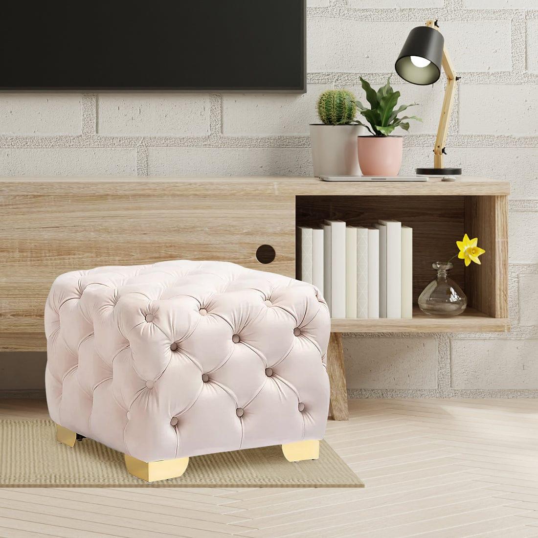 DOE BUCK SQUARE VELVET OTTOMAN/POUFEE (BABY PINK )
