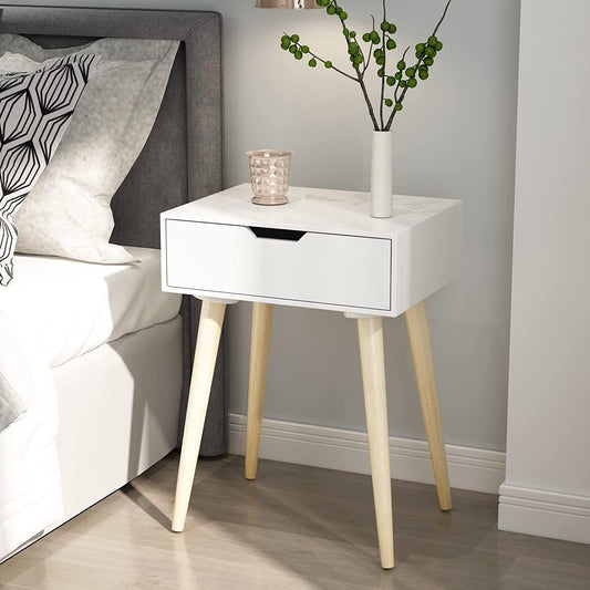 Nightstands End Side Table with Drawer and Solid Wood Legs, Bedside Table for Bedrooms, Mid-Century Modern Drawer Storage Cabinet for Living Room Furniture