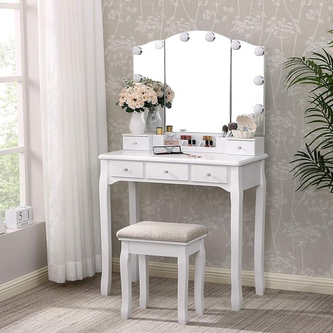 Sbdmirau Modern Vanity Desk with Lighted Mirror | Desk Makeup Dressing Table | 10 LED Lights | 3 Large Drawers and 2 small drawer | Writing Desk with Storage for Bedroom - White
