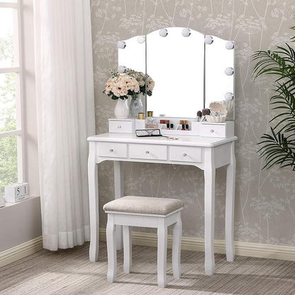 Sbdmirau Modern Vanity Desk with Lighted Mirror | Desk Makeup Dressing Table | 10 LED Lights | 3 Large Drawers and 2 small drawer | Writing Desk with Storage for Bedroom - White