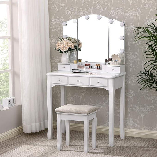 Sbdmirau Modern Vanity Desk with Lighted Mirror | Desk Makeup Dressing Table | 10 LED Lights | 3 Large Drawers and 2 small drawer | Writing Desk with Storage for Bedroom - White