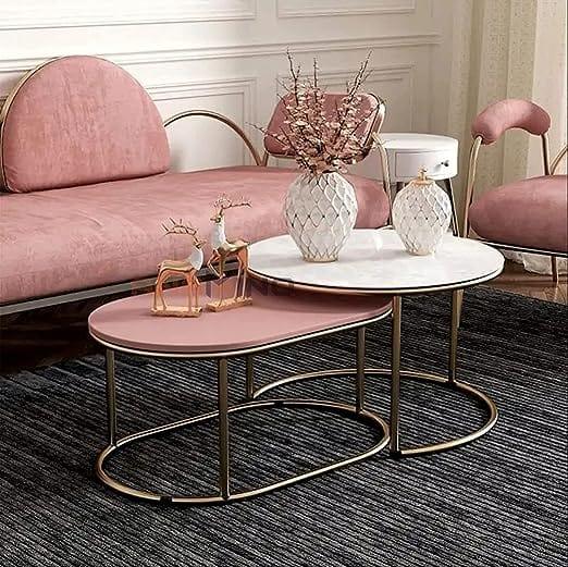 Nesting Table Set of 2, Stacking Side Round Tables in Golden Colour for Living Room