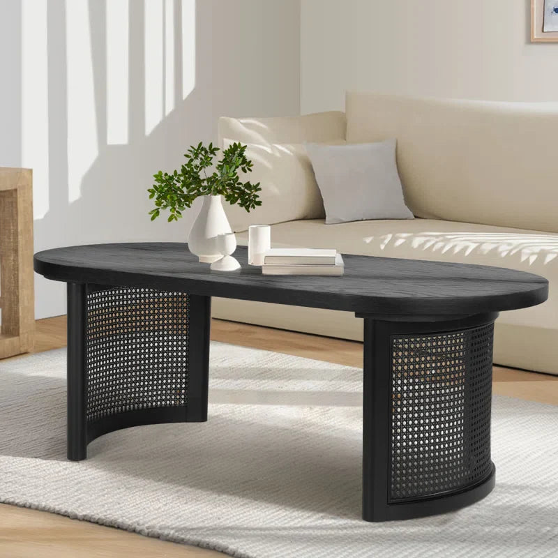 Oval Solid White Oak Rattan Coffee Table