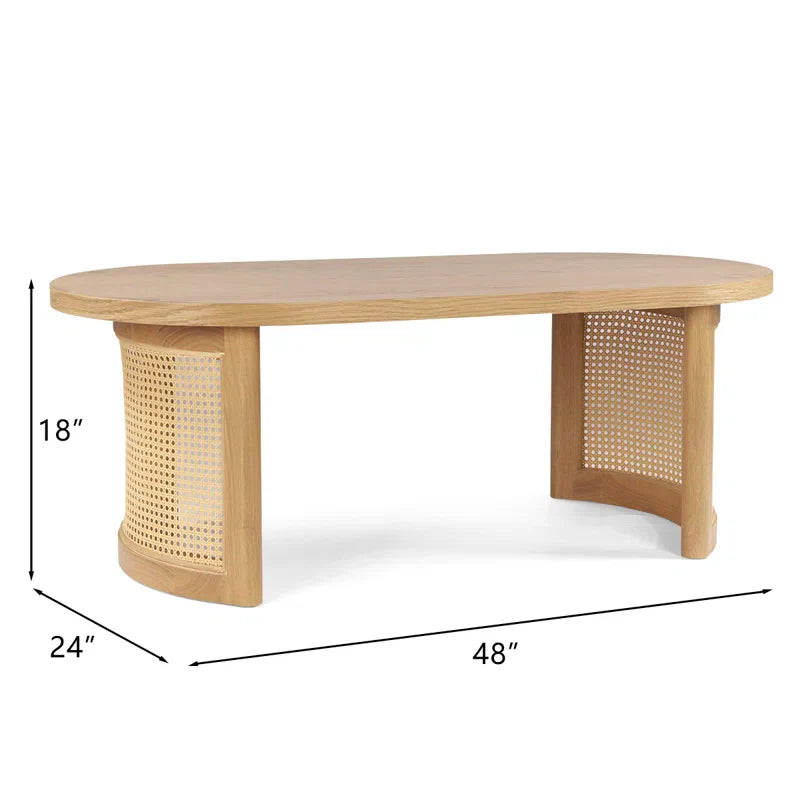 Oval Solid White Oak Rattan Coffee Table