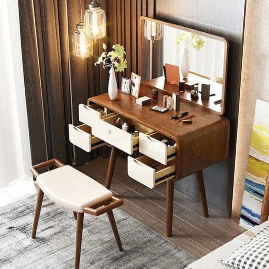 Makeup Vanity Table with Mirror, Dressing Table with 5 Drawers, Modern Wood Bedroom Vintage Dressing Table for Women Girls