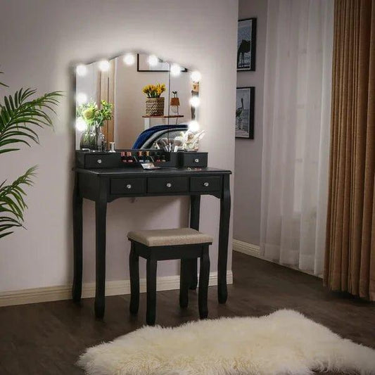 Sbdmirau Modern Vanity Desk with Lighted Mirror | Desk Makeup Dressing Table | 10 LED Lights | 3 Large Drawers and 2 small drawer | Writing Desk with Storage for Bedroom - White