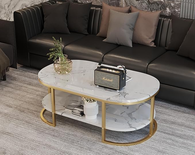 Coffee Tables, oval table, Center Table for Living Room White Gold 2Tier - Metal