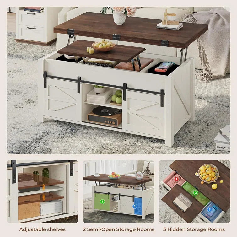 Lift Top Coffee Table for Living Room with 4 Sliding Barn Doors