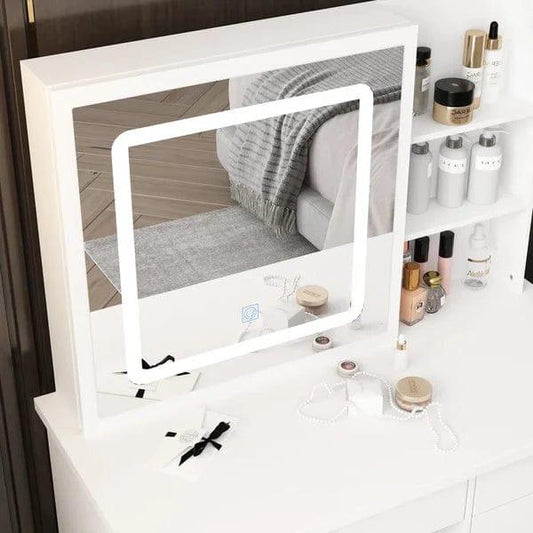 Rob merg Vanity Desk Set with LED Lighted Mirror & Power Outlet, Makeup Vanity Table with 5 Drawers,Storage with stool,for Bedroom, Bathroom, White
