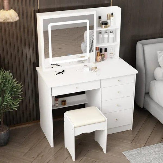 Rob merg Vanity Desk Set with LED Lighted Mirror & Power Outlet, Makeup Vanity Table with 5 Drawers,Storage with stool,for Bedroom, Bathroom, White