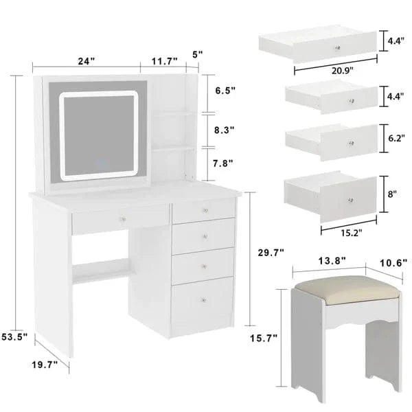 Rob Merg Vanity Desk Set with LED Lighted Mirror & Power Outlet – Sleek White