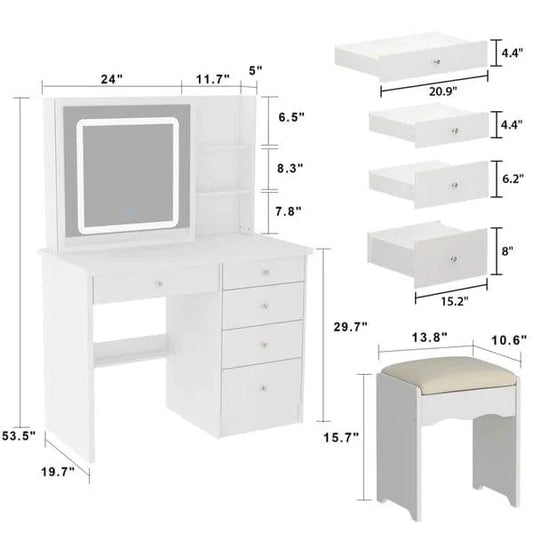 Rob merg Vanity Desk Set with LED Lighted Mirror & Power Outlet, Makeup Vanity Table with 5 Drawers,Storage with stool,for Bedroom, Bathroom, White