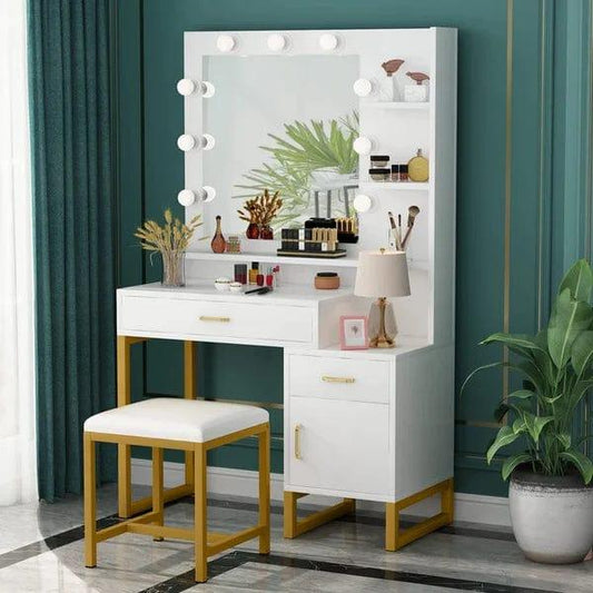 Leon dressing table design with mirror, with stool, with drawers, Makeup Vanity Desk with Light Mirror, Makeup Table with Stool and 3 Drawers, White