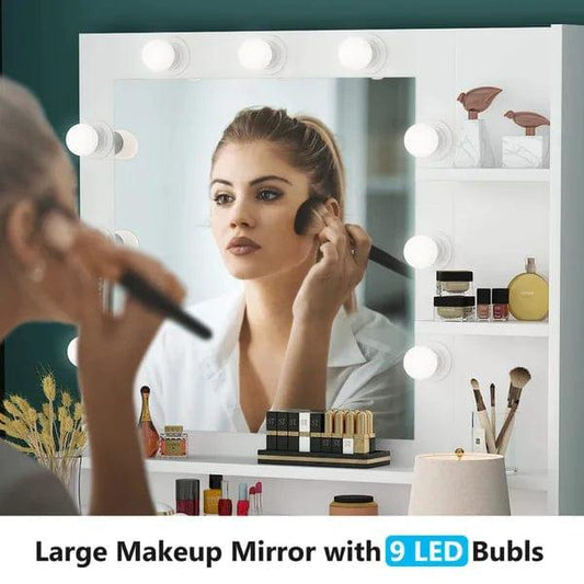 Leon dressing table design with mirror, with stool, with drawers, Makeup Vanity Desk with Light Mirror, Makeup Table with Stool and 3 Drawers, White