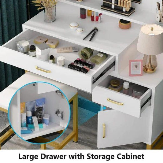 Leon dressing table design with mirror, with stool, with drawers, Makeup Vanity Desk with Light Mirror, Makeup Table with Stool and 3 Drawers, White