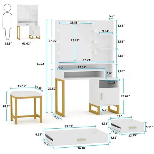 Leon Dressing Table with Lighted Mirror, Stool & Drawers – Classic White