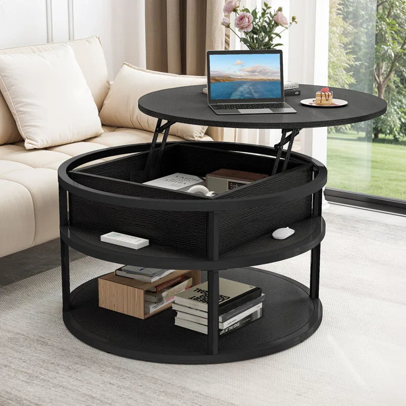 Lift Top Extendable Round Frame Coffee Table with Storage