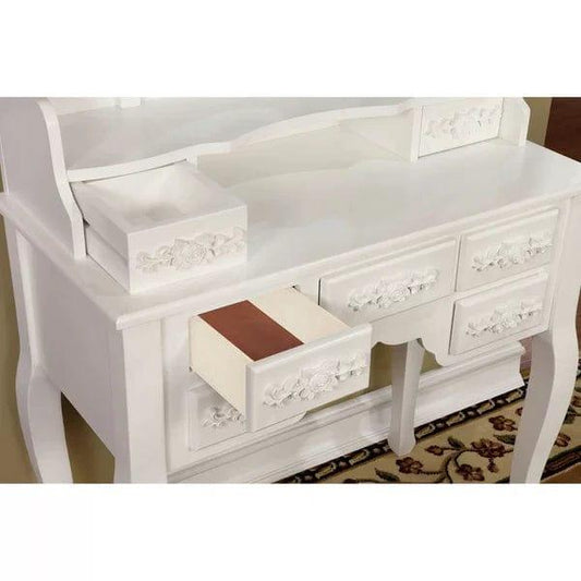 Zoey Vanity dressing table wooden with mirror with stool | Vanity Desk with Mirror | Wood Makeup Dressing Table with Oval Mirror & Stool | Modern Bedroom Dressing Table with 7 Large Drawers for Kids Women Girls - White