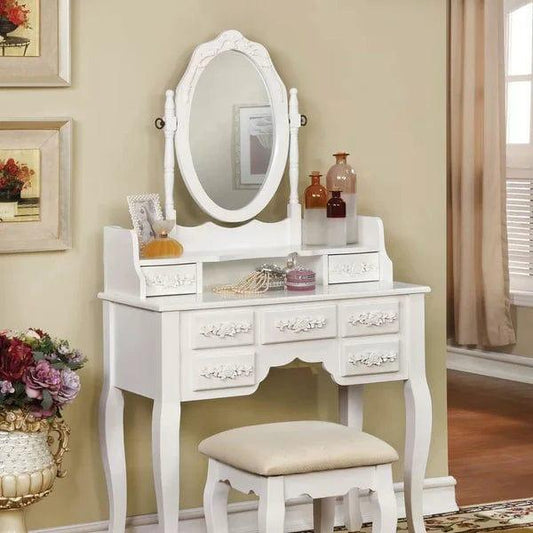 Zoey Vanity dressing table wooden with mirror with stool | Vanity Desk with Mirror | Wood Makeup Dressing Table with Oval Mirror & Stool | Modern Bedroom Dressing Table with 7 Large Drawers for Kids Women Girls - White