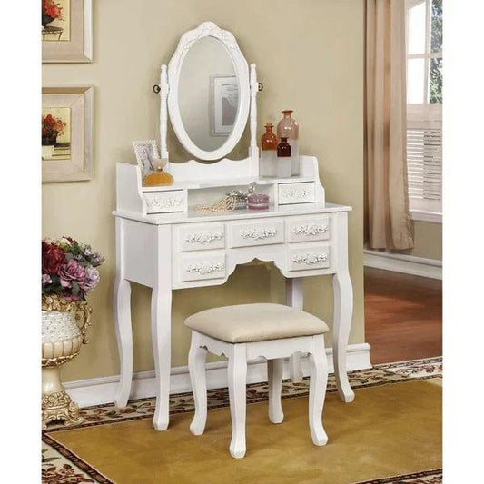 Zoey Vanity dressing table wooden with mirror with stool | Vanity Desk with Mirror | Wood Makeup Dressing Table with Oval Mirror & Stool | Modern Bedroom Dressing Table with 7 Large Drawers for Kids Women Girls - White