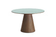 Theo Modern Round Dining Table – White Glass Top with Walnut Veneer Base