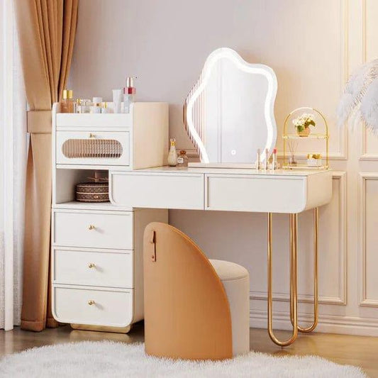 Zofia Vanity Dressing Table with mirror & stool, interiors Off-White Makeup Vanity Set Dressing Table with Lighted Mirror Cabinet & Stool Included.