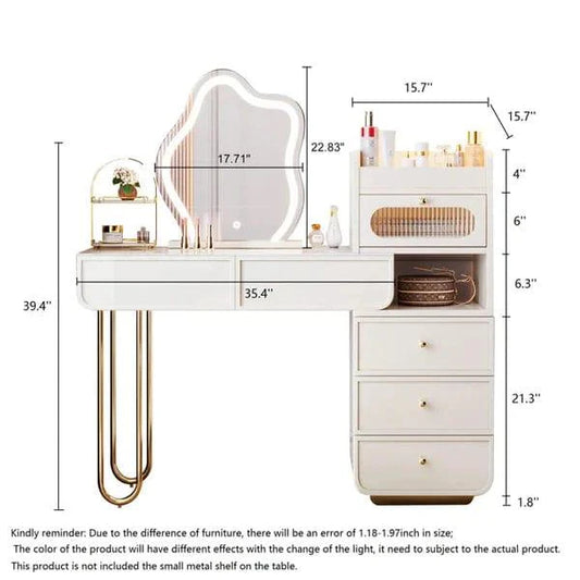 Zofia Vanity Dressing Table with mirror & stool, interiors Off-White Makeup Vanity Set Dressing Table with Lighted Mirror Cabinet & Stool Included.