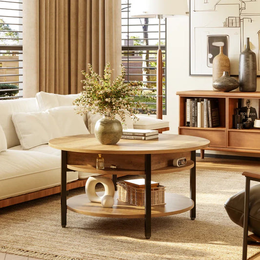 Lift-Top Wood Coffee Table, Small Round Cocktail Table with Storage