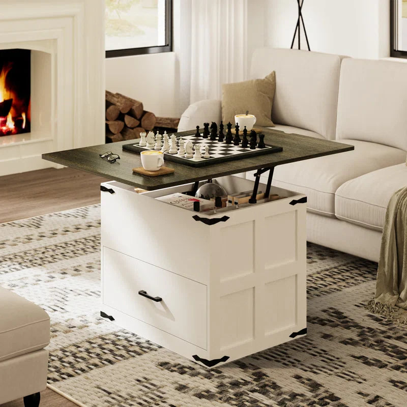 Farmhourse Wood Square Coffee Table, Lift Top Coffee Table with 4-in-1 Storage