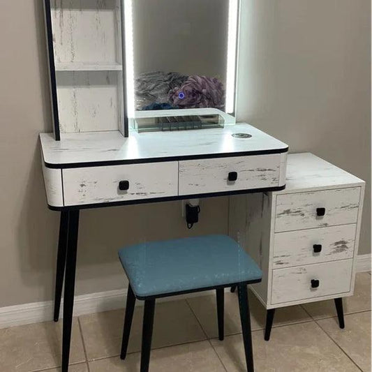 Jade Vanity dressing table design with light mirror with stool | Cosmetic Dressing Table with Makeup Stool Vanity Bedroom Dressers 5 Drawers Bedside Table for Ample Storage
