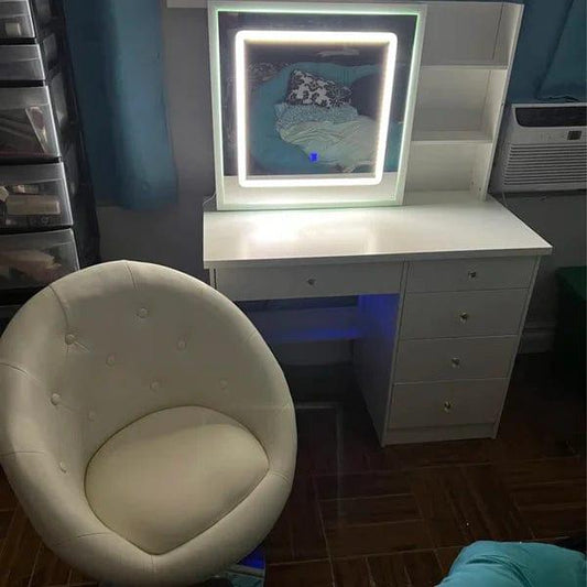 Rob merg Vanity Desk Set with LED Lighted Mirror & Power Outlet, Makeup Vanity Table with 5 Drawers,Storage with stool,for Bedroom, Bathroom, White