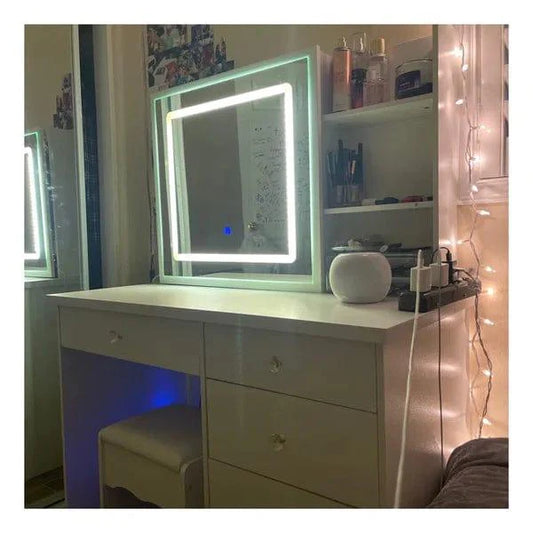 Rob merg Vanity Desk Set with LED Lighted Mirror & Power Outlet, Makeup Vanity Table with 5 Drawers,Storage with stool,for Bedroom, Bathroom, White