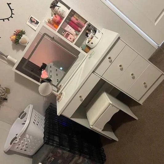 Rob merg Vanity Desk Set with LED Lighted Mirror & Power Outlet, Makeup Vanity Table with 5 Drawers,Storage with stool,for Bedroom, Bathroom, White